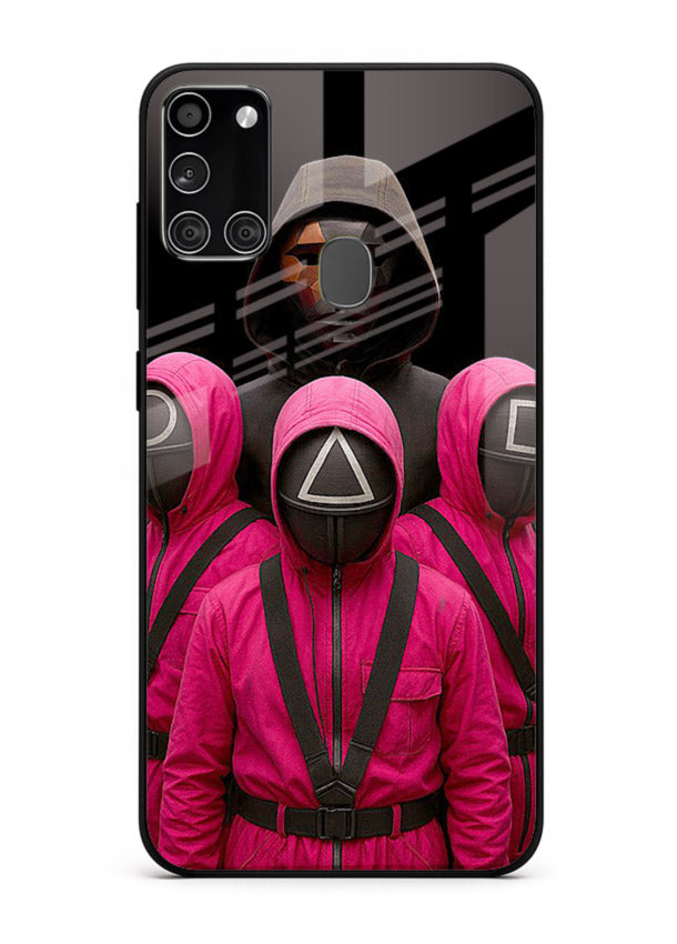 Pink masked guard artwork printed on glossy tempered glass Samsung A21s back cover
