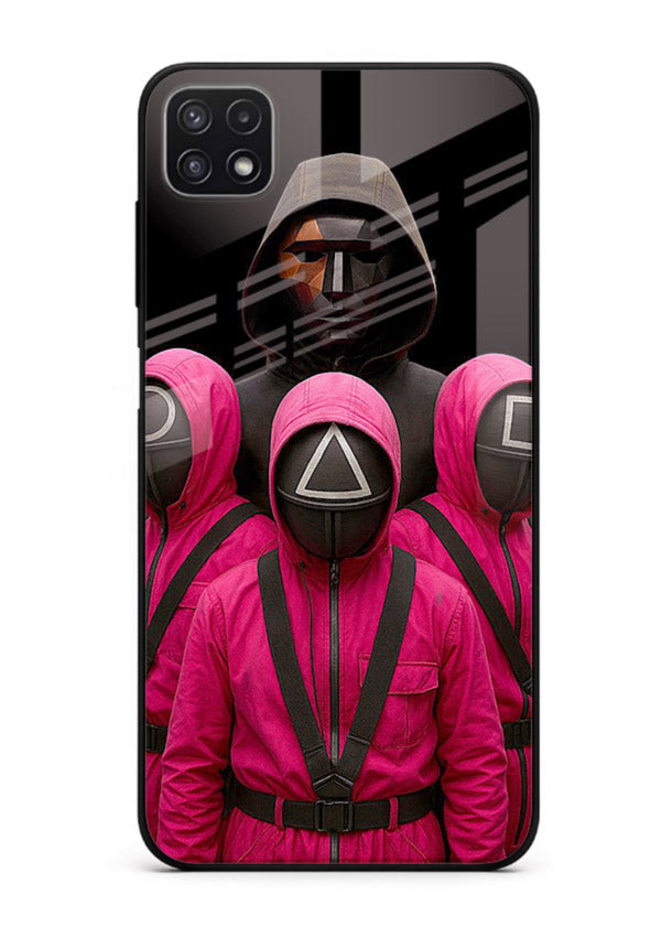 Pink masked guard artwork printed on glossy tempered glass Samsung F42 5G back cover