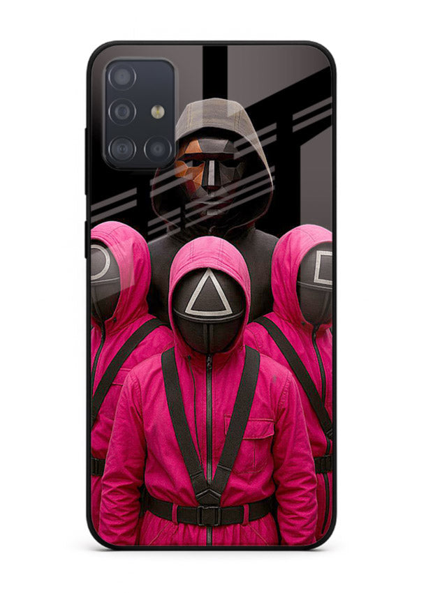 Pink masked guard artwork printed on glossy tempered glass Samsung A51 back cover