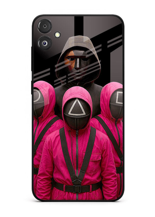 Pink masked guard artwork printed on glossy tempered glass Samsung F14 5G back cover