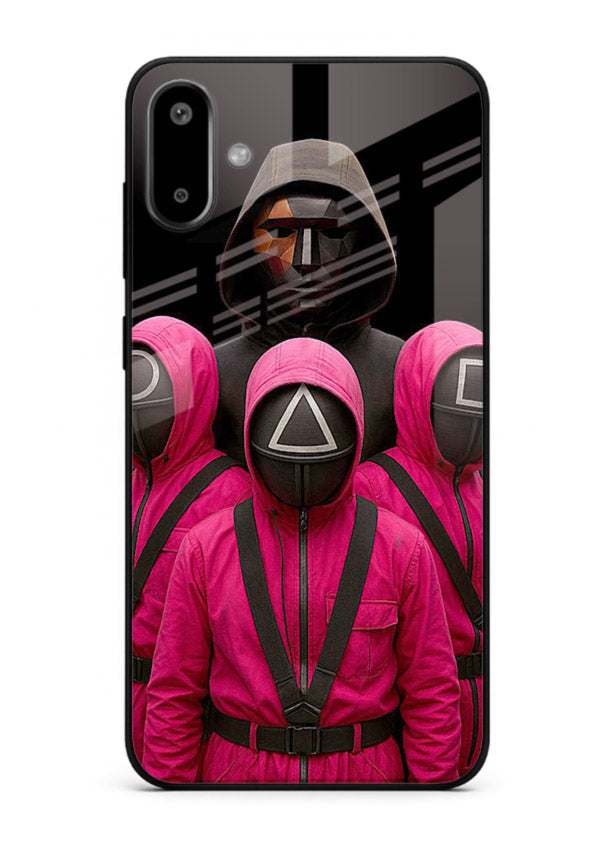 Pink masked guard artwork printed on glossy tempered glass Samsung F06 5G back cover