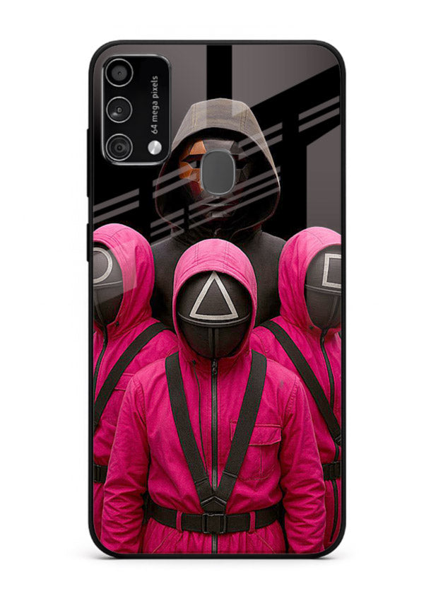 Pink masked guard artwork printed on glossy tempered glass Samsung F41 back cover
