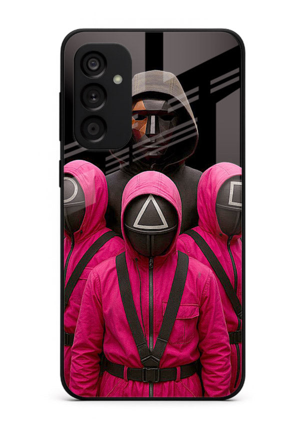 Pink masked guard artwork printed on glossy tempered glass Samsung F23 5G back cover