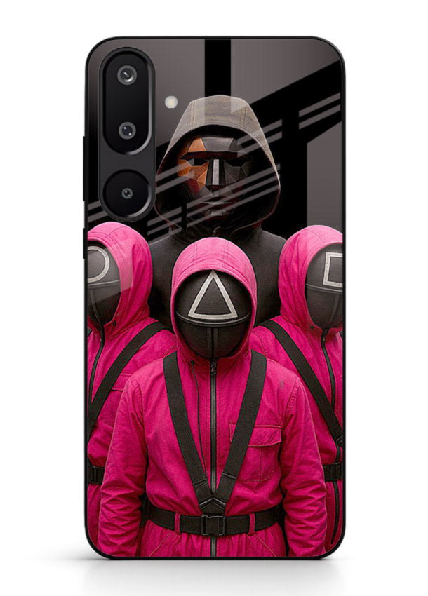 Pink masked guard artwork printed on glossy tempered glass Samsung M16 5G back cover
