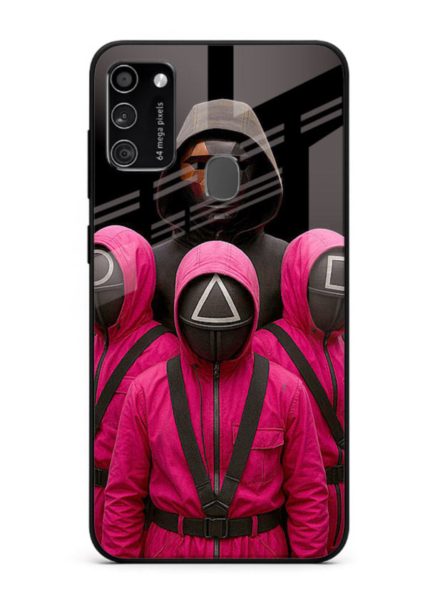 Pink masked guard artwork printed on glossy tempered glass Samsung M30s back cover