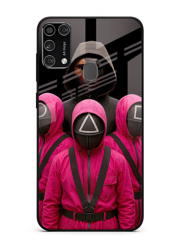 Pink masked guard artwork printed on glossy tempered glass Samsung M31 back cover