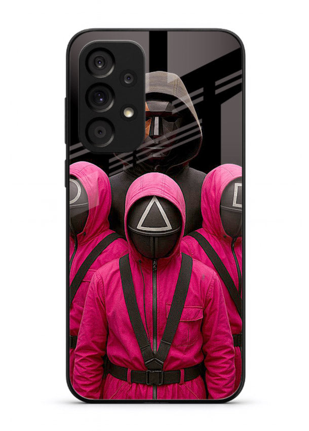 Pink masked guard artwork printed on glossy tempered glass Samsung A33 5G back cover