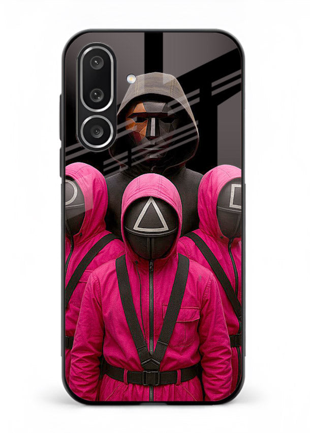 Pink masked guard artwork printed on glossy tempered glass Samsung F56 5G back cover