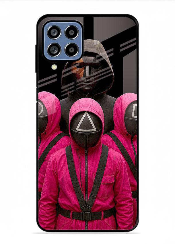 Pink masked guard artwork printed on glossy tempered glass Samsung A22 4G back cover