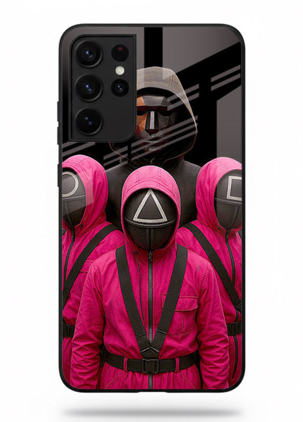 Pink masked guard artwork printed on glossy tempered glass Samsung S21 Ultra back cover