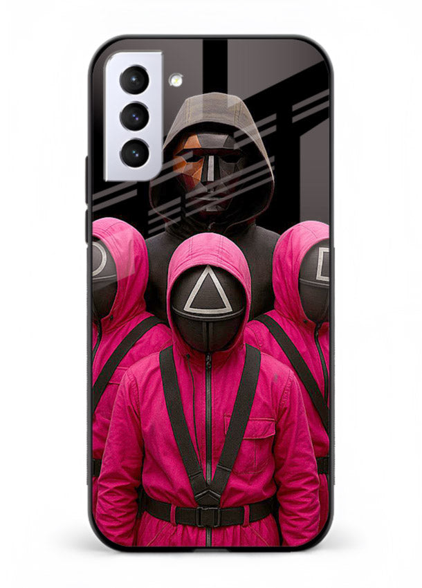 Pink masked guard artwork printed on glossy tempered glass Samsung S21 Plus back cover