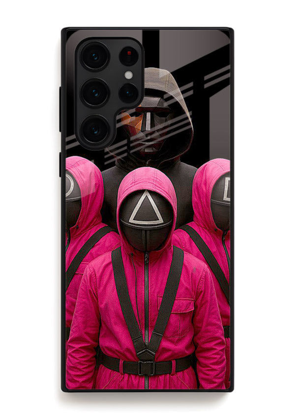 Pink masked guard artwork printed on glossy tempered glass Samsung S25 Ultra back cover