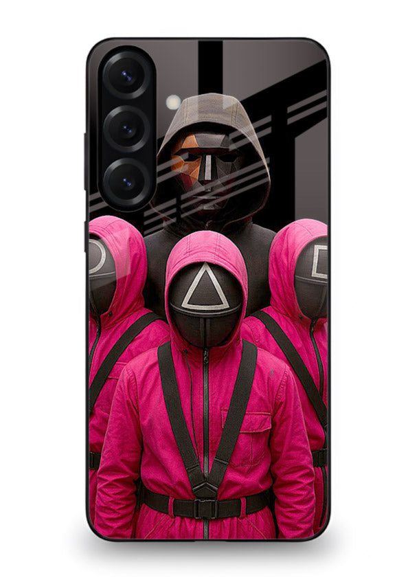 Pink masked guard artwork printed on glossy tempered glass Samsung S23 FE back cover