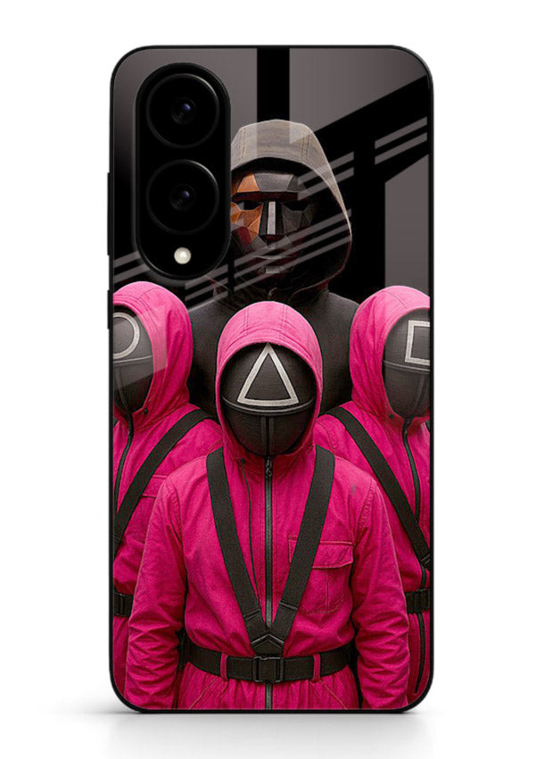 Pink masked guard artwork printed on glossy tempered glass Samsung S25 Edge back cover
