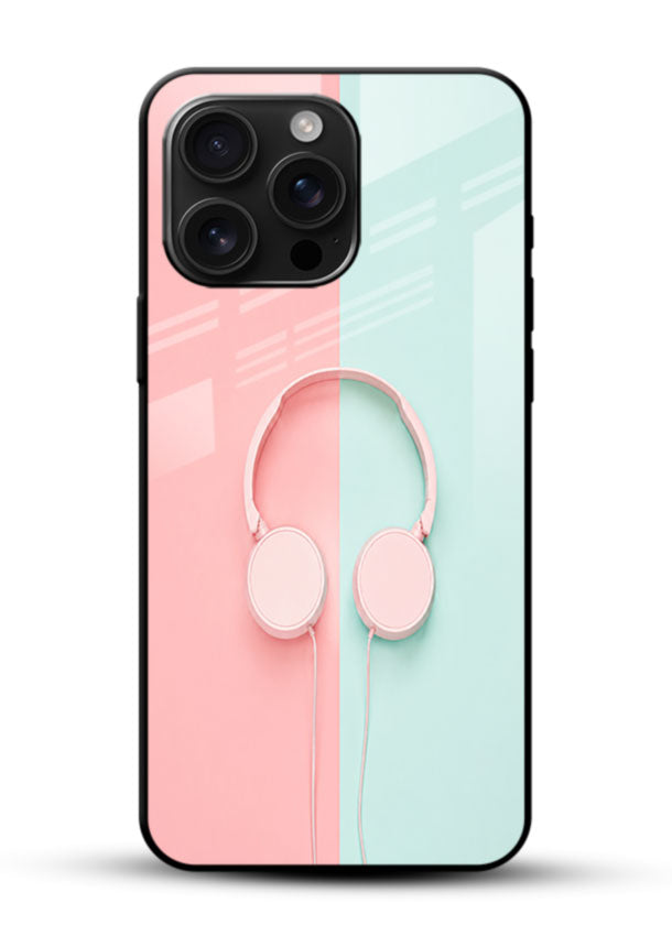 Pink Headphones Minimal glass back cover with pastel pink and mint design - 1