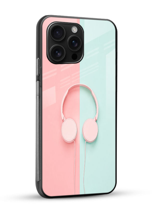 Pink Headphones Minimal glass back cover with pastel pink and mint design - 2