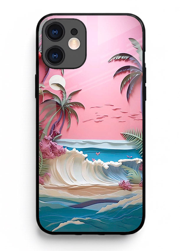 Pink Palm Waves pastel tropical artwork iphone 12 mini glass back cover