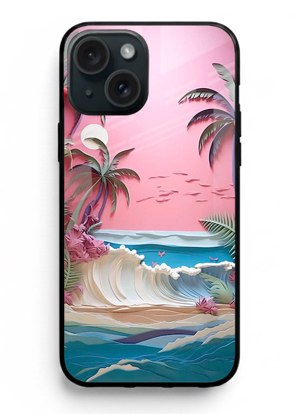Pink Palm Waves pastel tropical artwork iphone 13 mini glass back cover