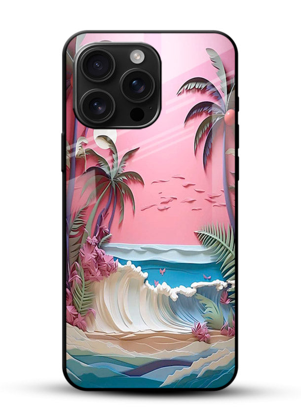 Pink Palm Waves pastel tropical artwork glossy vibrant premium glass back cover - Angle Front