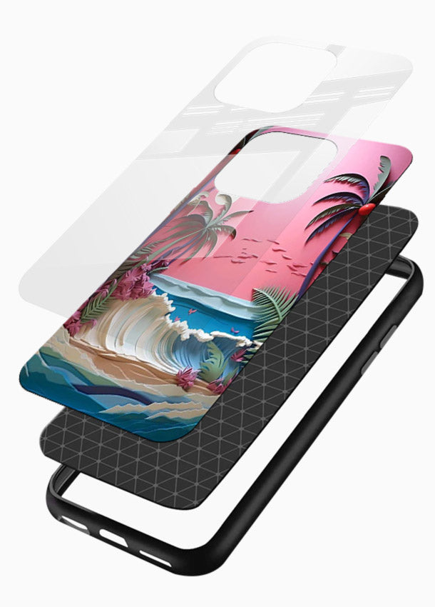 Pink Palm Waves pastel tropical artwork glossy vibrant premium glass back cover - Angle Layers