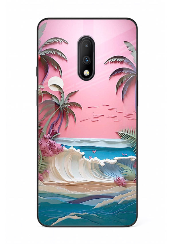 Pink Palm Waves pastel tropical artwork OnePlus 7 glass back cover