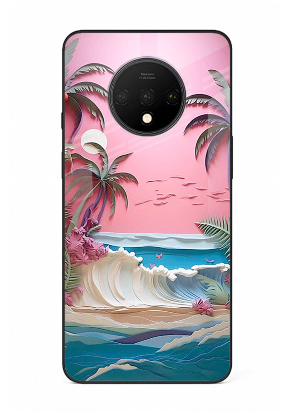 Pink Palm Waves pastel tropical artwork OnePlus 7T glass back cover
