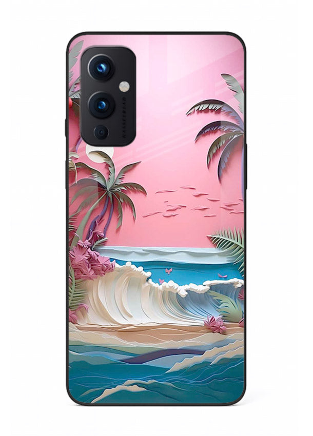 Pink Palm Waves pastel tropical artwork OnePlus 9 Pro glass back cover