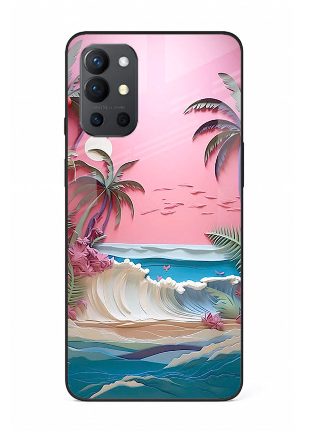 Pink Palm Waves pastel tropical artwork OnePlus 9R glass back cover