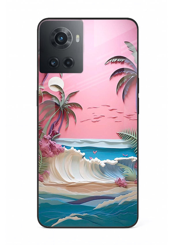 Pink Palm Waves pastel tropical artwork OnePlus 10R glass back cover