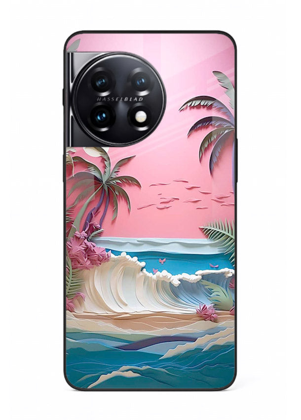 Pink Palm Waves pastel tropical artwork OnePlus 11R glass back cover