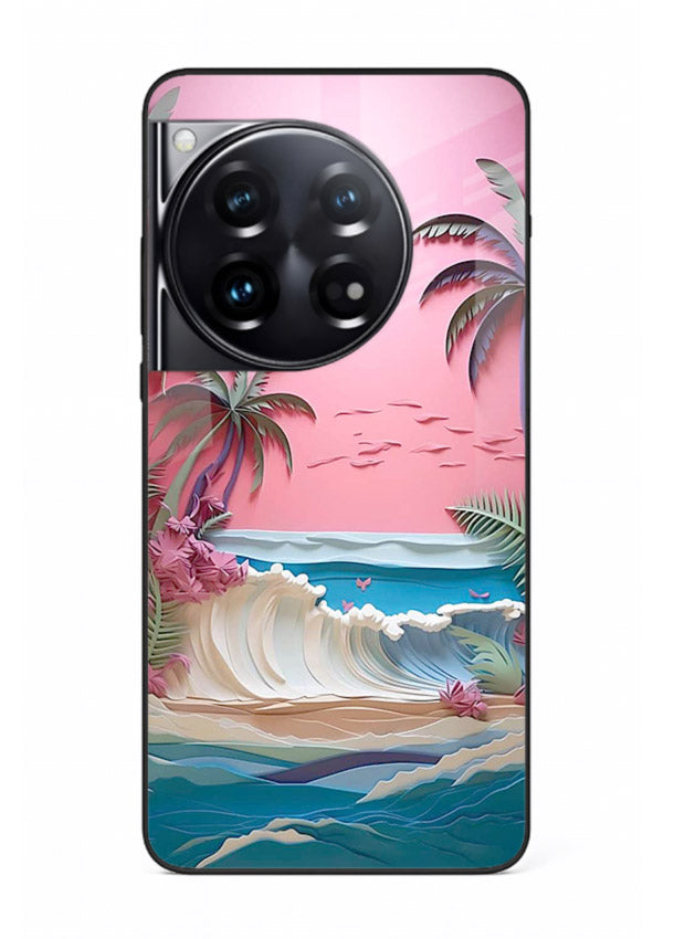 Pink Palm Waves pastel tropical artwork OnePlus 12 glass back cover