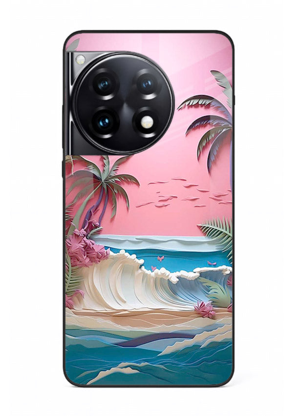 Pink Palm Waves pastel tropical artwork OnePlus 12R glass back cover