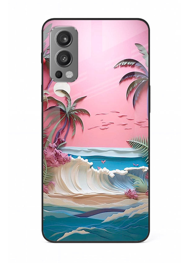 Pink Palm Waves pastel tropical artwork OnePlus Nord 2 glass back cover
