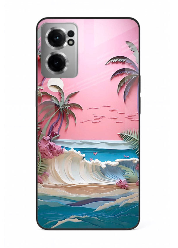 Pink Palm Waves pastel tropical artwork OnePlus Nord CE2 5G glass back cover