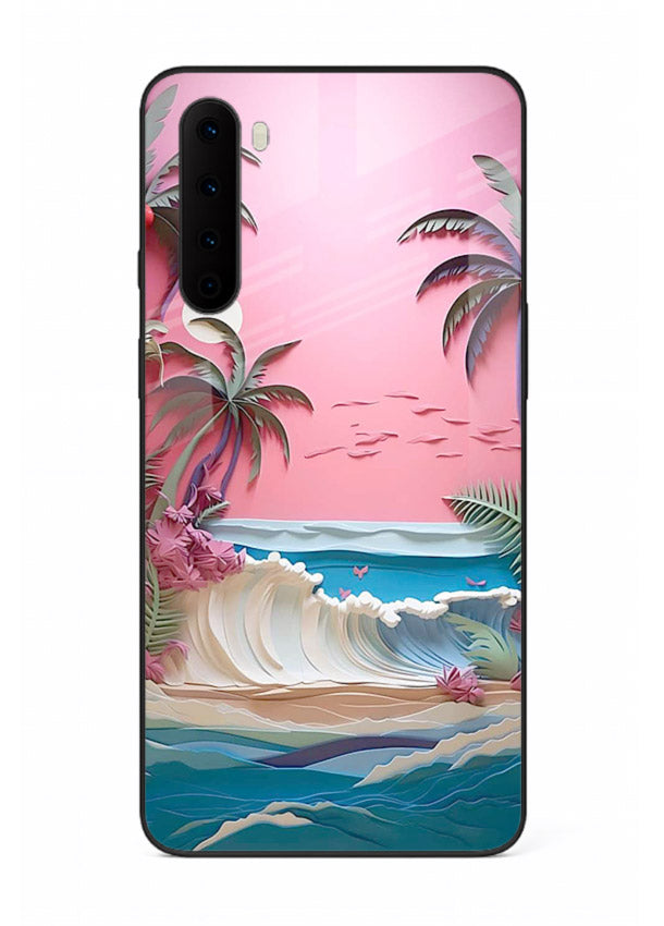 Pink Palm Waves pastel tropical artwork OnePlus Nord glass back cover