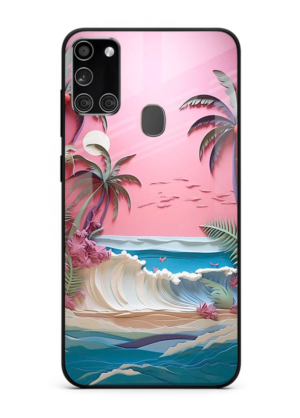 Pink Palm Waves pastel tropical artwork Samsung A21s glass back cover