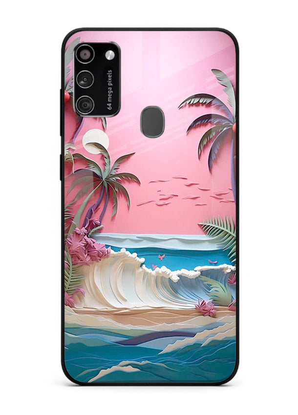 Pink Palm Waves pastel tropical artwork Samsung M21 glass back cover