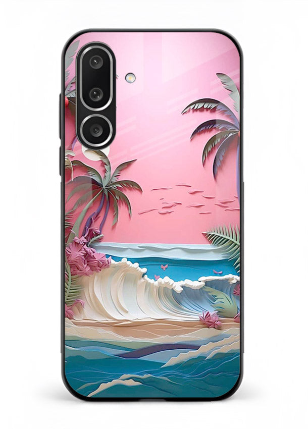 Pink Palm Waves pastel tropical artwork Samsung F56 5G glass back cover