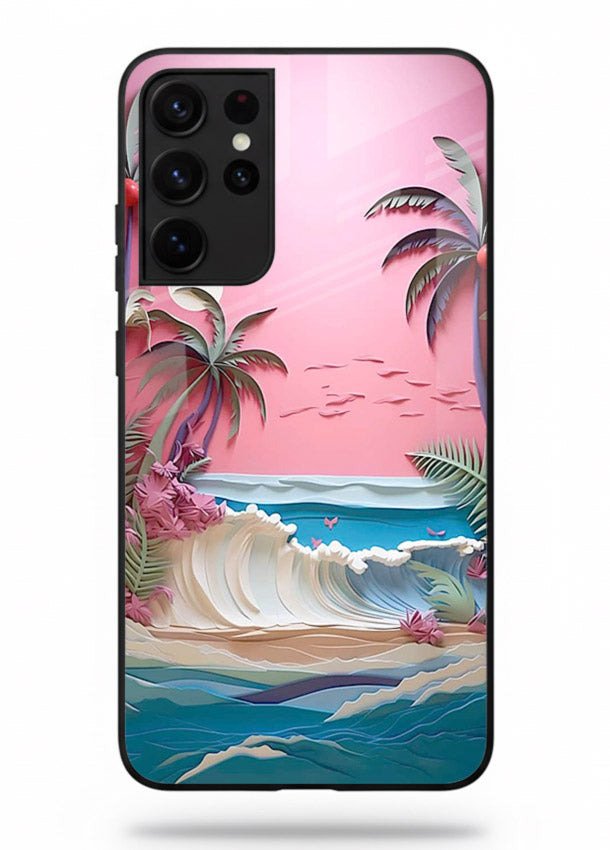 Pink Palm Waves pastel tropical artwork Samsung S21 Ultra glass back cover