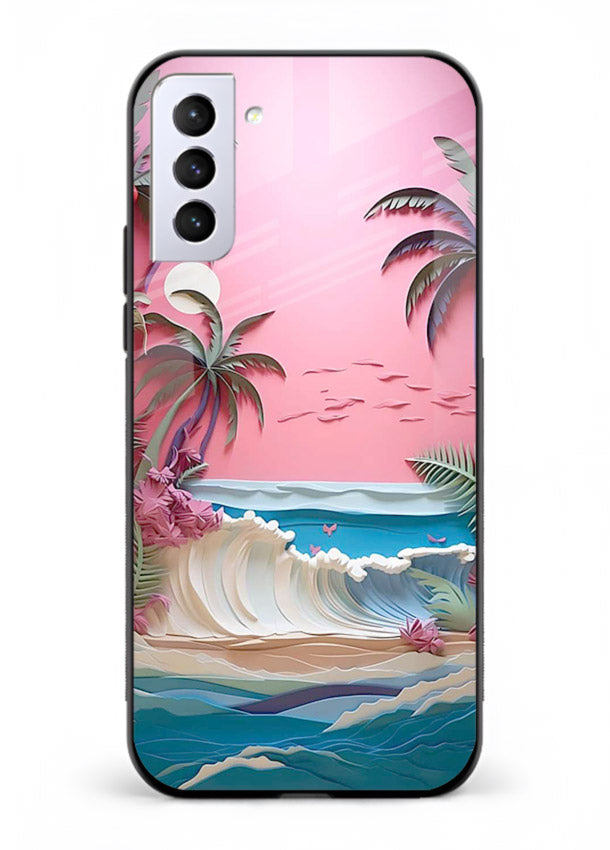 Pink Palm Waves pastel tropical artwork Samsung S21 FE glass back cover