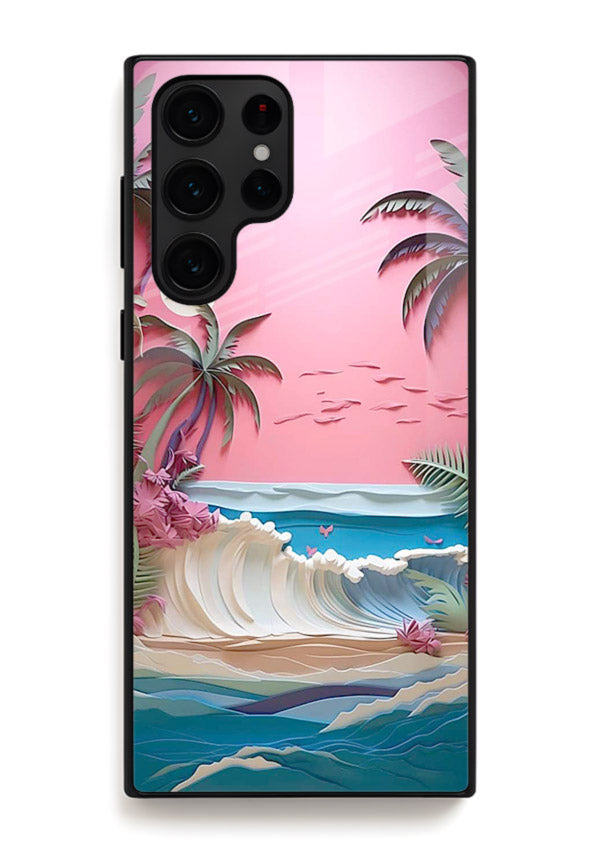 Pink Palm Waves pastel tropical artwork Samsung S23 Ultra glass back cover