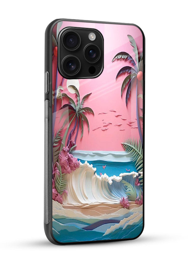 Pink Palm Waves pastel tropical artwork glossy vibrant premium glass back cover - Angle Side