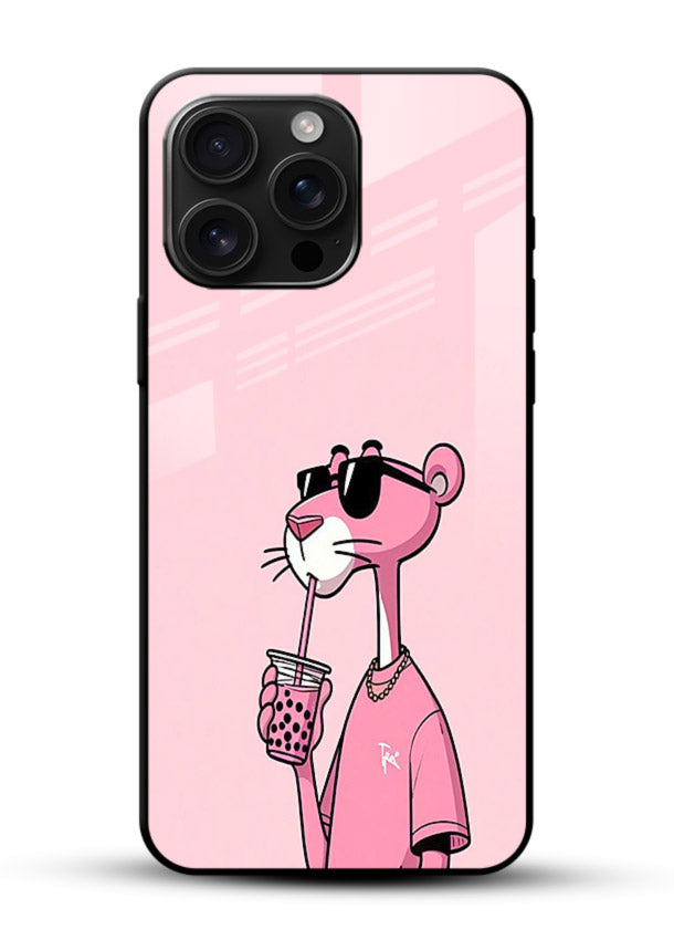 Pink Panther Sip cute cartoon artwork glossy vibrant premium glass back cover - Angle Front