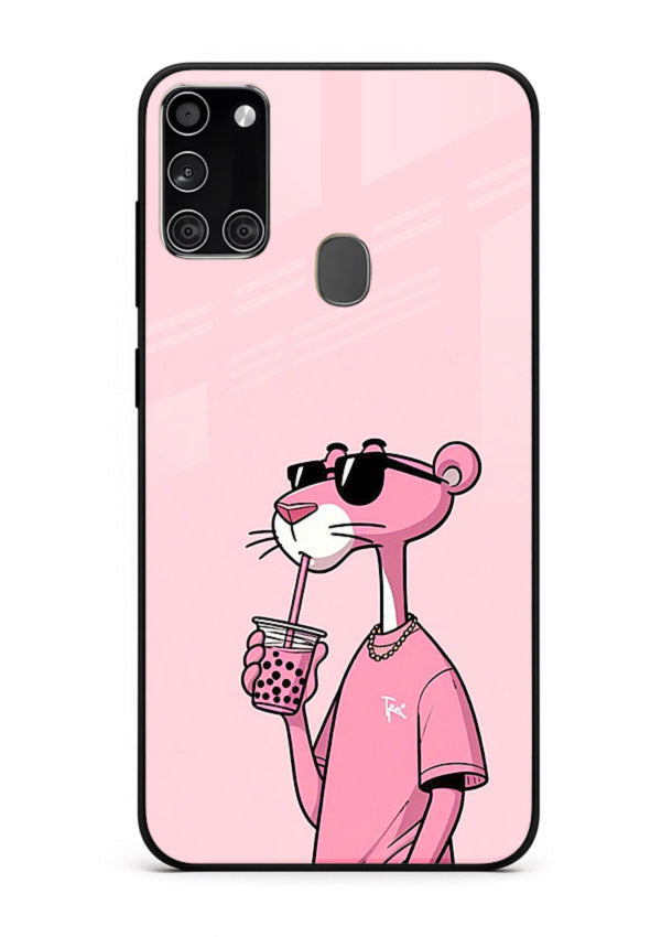 Pink Panther Sip cute cartoon artwork Samsung A21s glass back cover