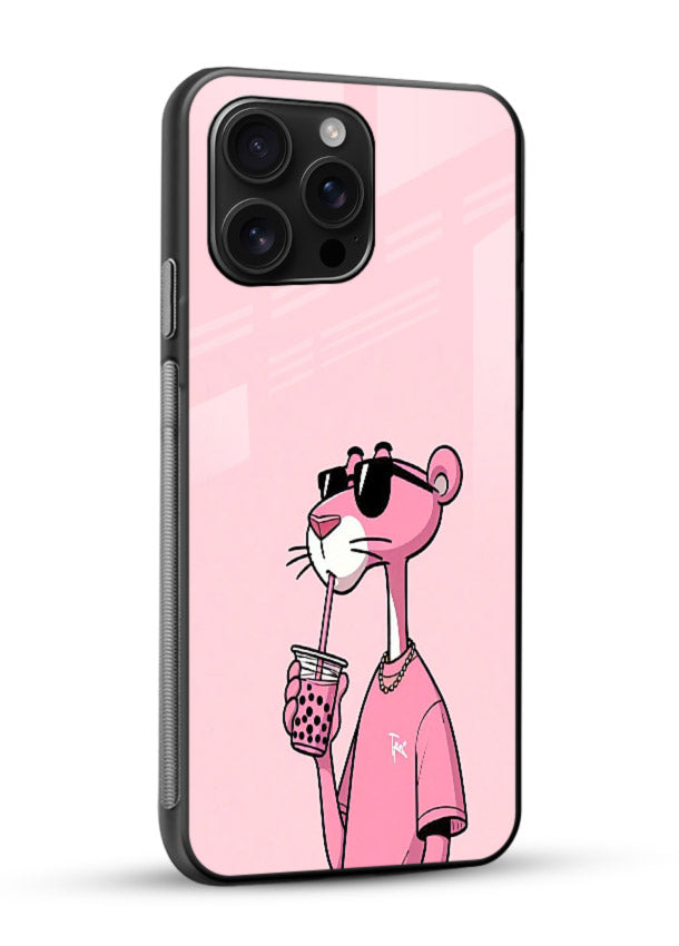 Pink Panther Sip cute cartoon artwork glossy vibrant premium glass back cover - Angle Side