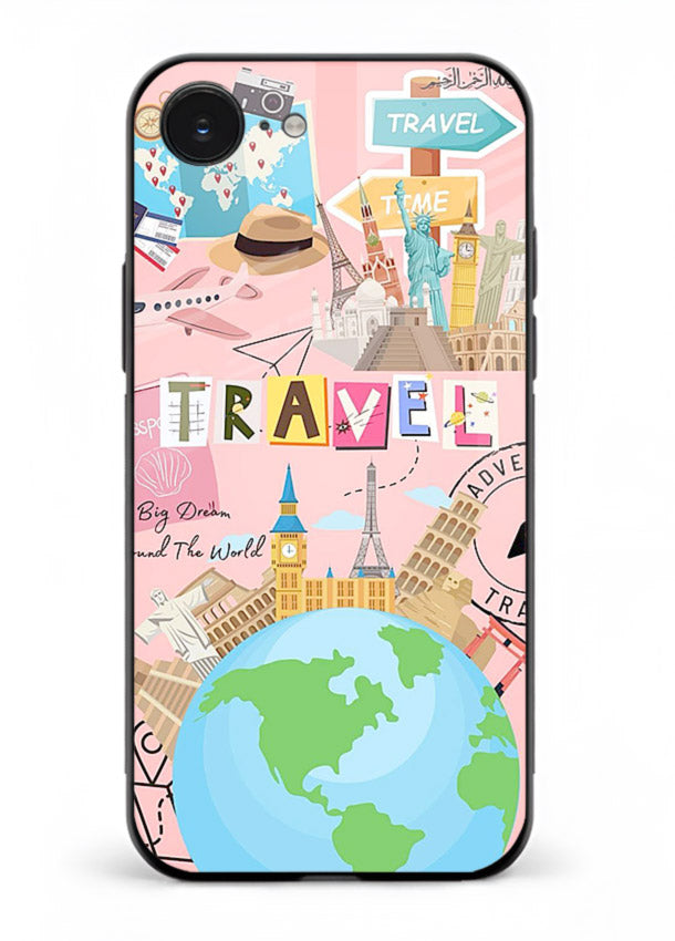 Pink Travel Adventure collage artwork iphone 16e glass back cover