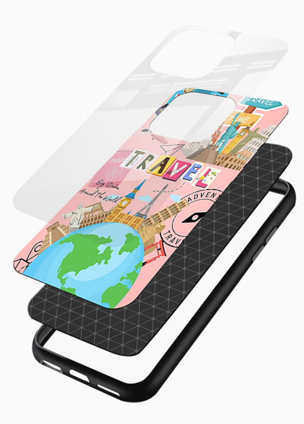 Pink Travel Adventure collage artwork glossy vibrant premium glass back cover - Angle Layers