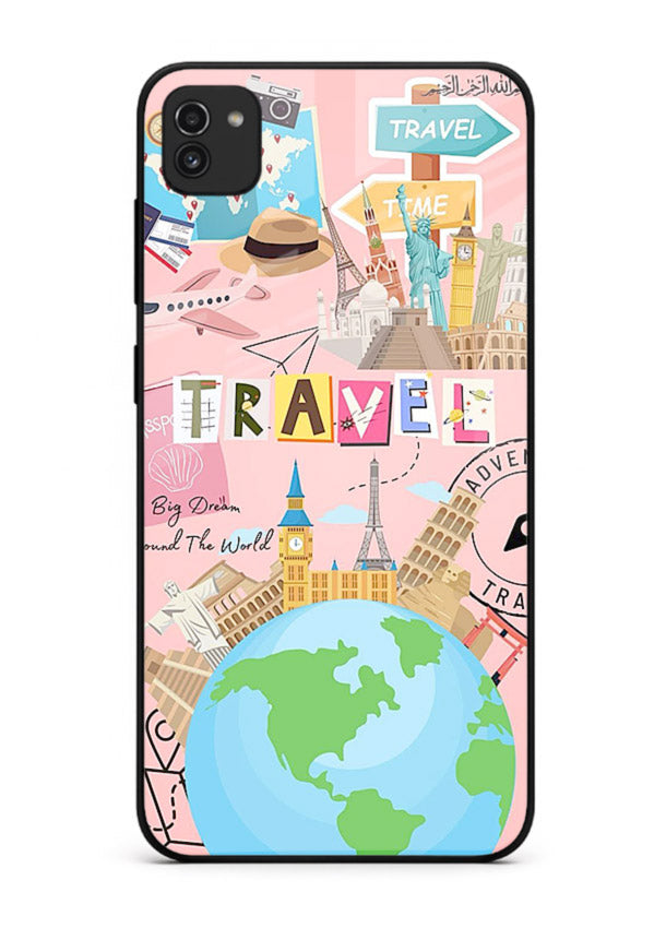 Pink Travel Adventure collage artwork Samsung A03 glass back cover