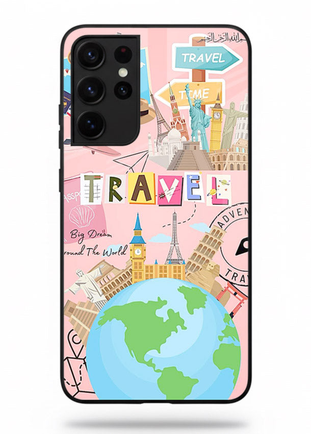 Pink Travel Adventure collage artwork Samsung S21 Ultra glass back cover