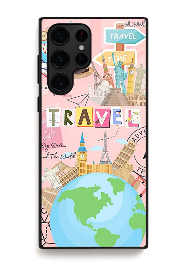 Pink Travel Adventure collage artwork Samsung S25 Ultra glass back cover
